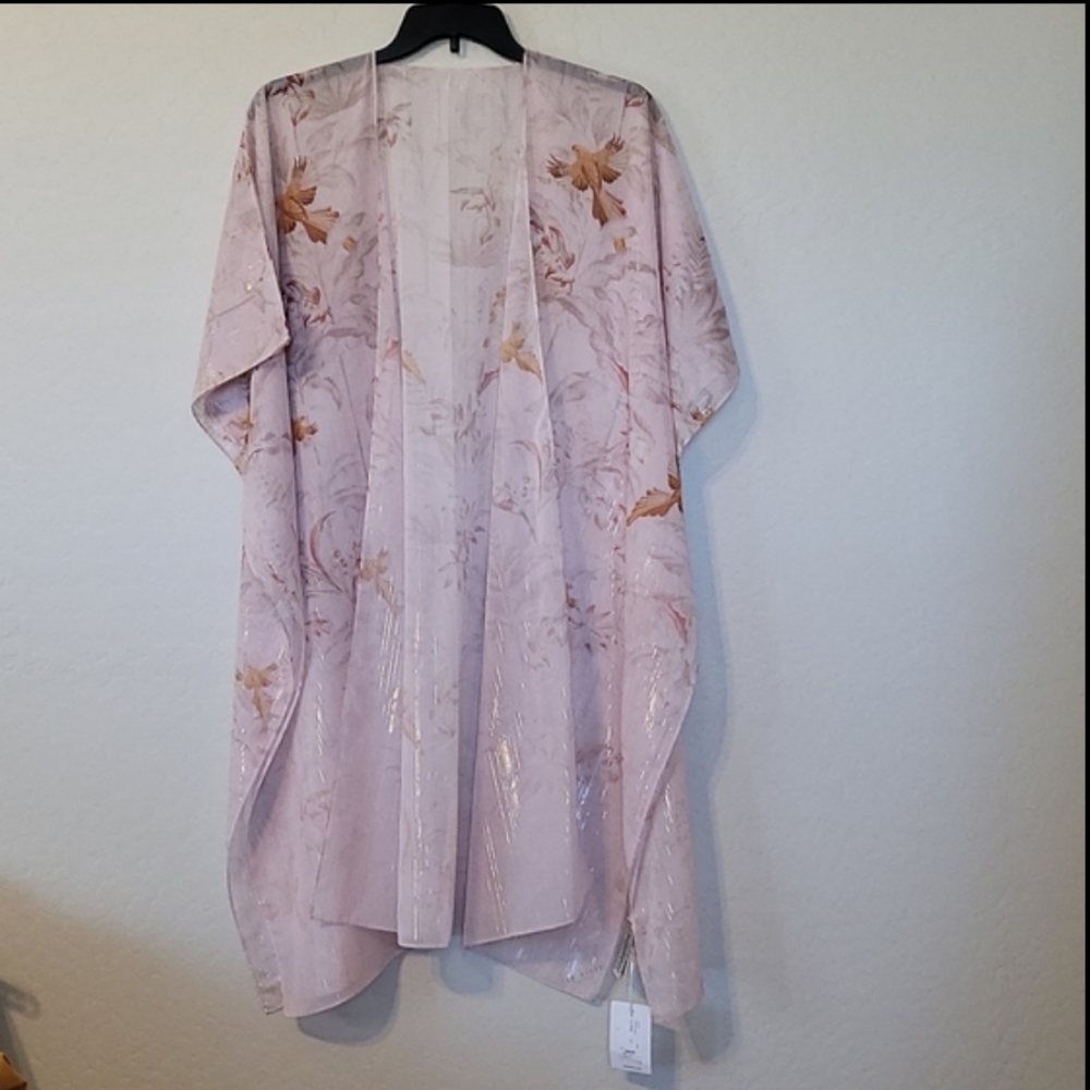 Ted Baker Rhiaa Rhapsody Kimono Pink Mettallic Threading Birds Floral Size OS - Picture 5 of 9